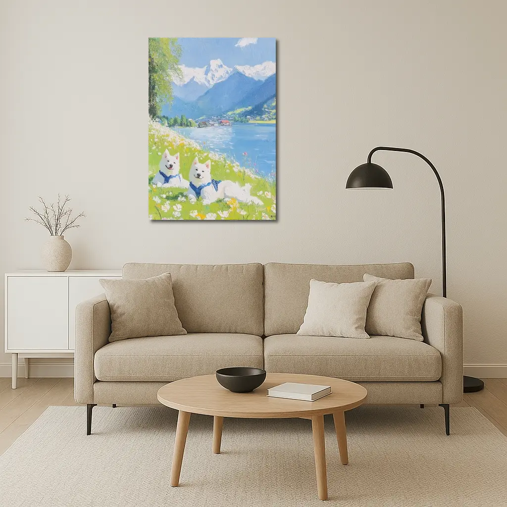 Two White Samoyed Dogs Alpine Lake Painting – Wall Art