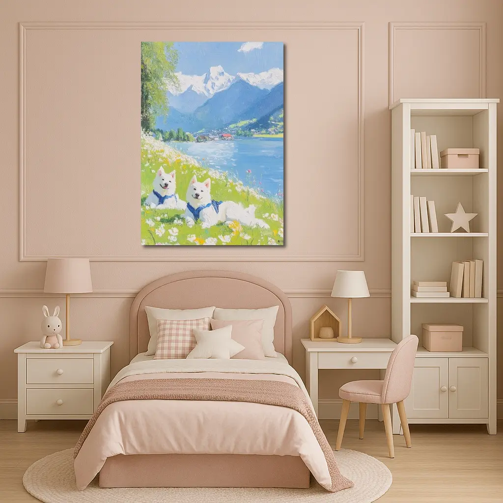 Two White Samoyed Dogs Alpine Lake Painting – Wall Art