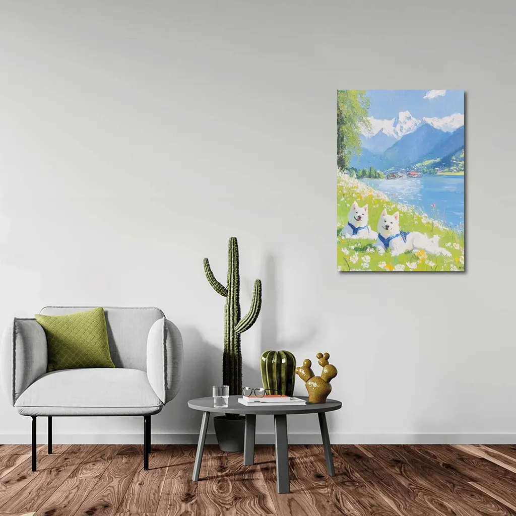Two White Samoyed Dogs Alpine Lake Painting – Wall Art