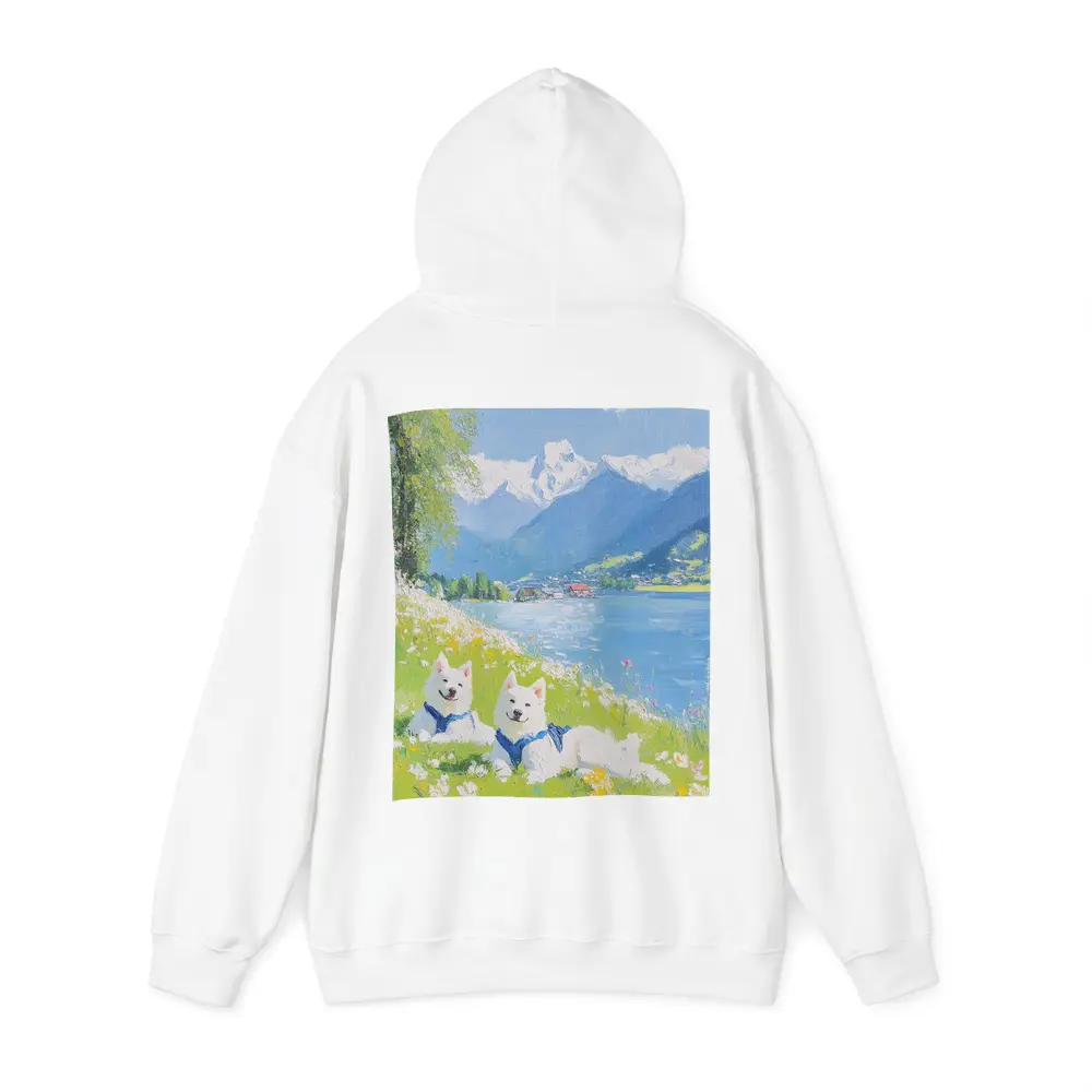 Two White Samoyed Dogs Alpine Lake Painting – Hoodies