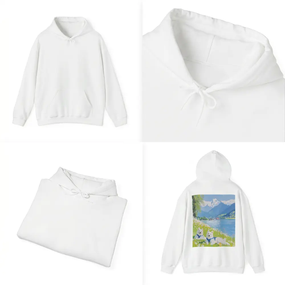 Two White Samoyed Dogs Alpine Lake Painting – Hoodies