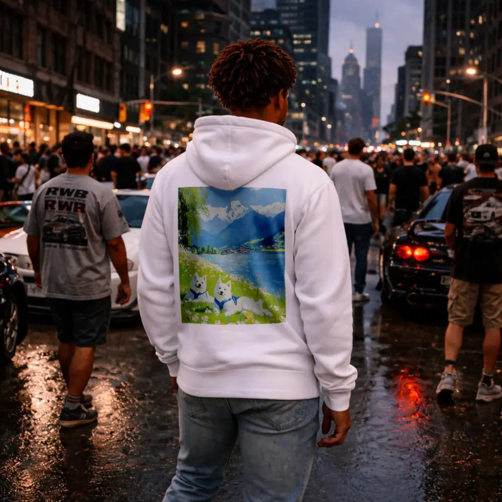 Two White Samoyed Dogs Alpine Lake Painting – Hoodies