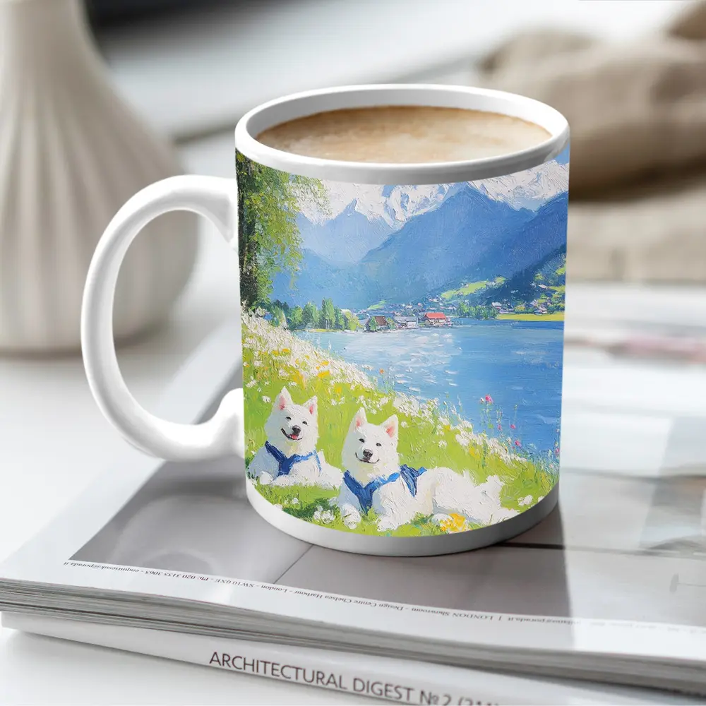 Two White Samoyed Dogs Alpine Lake Painting – Mugs