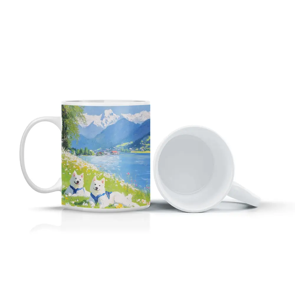 Two White Samoyed Dogs Alpine Lake Painting – Mugs