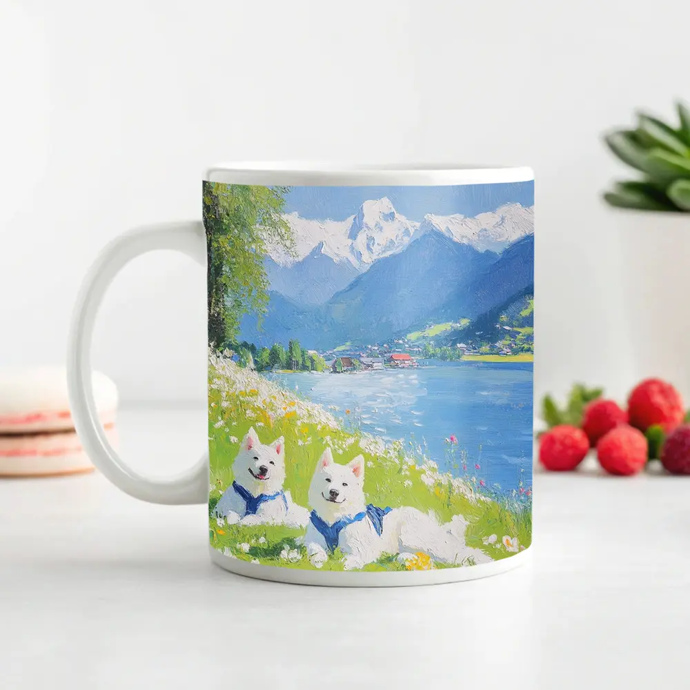 Two White Samoyed Dogs Alpine Lake Painting – Mugs