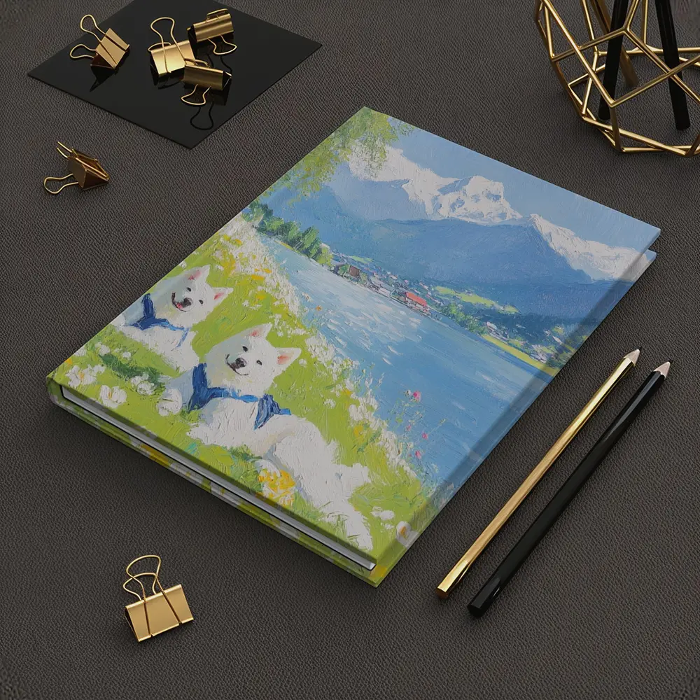 Two White Samoyed Dogs Alpine Lake Painting – Notebooks