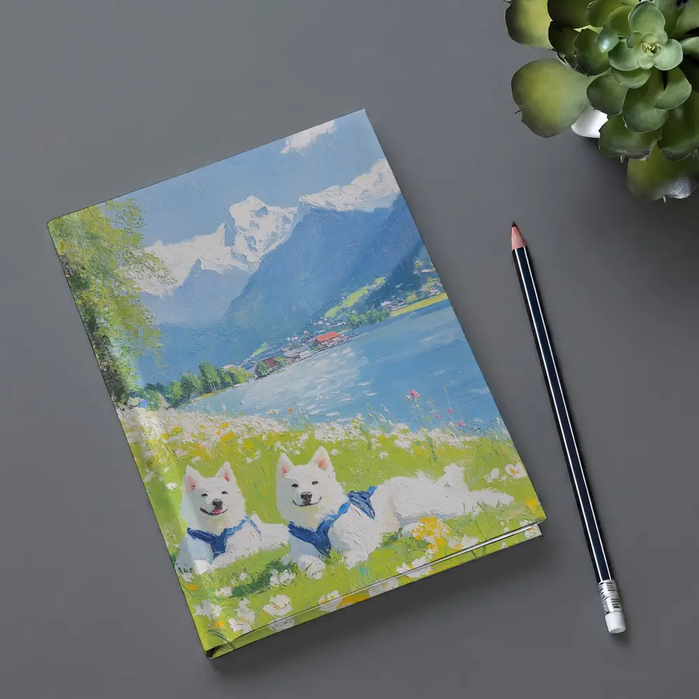Two White Samoyed Dogs Alpine Lake Painting – Notebooks
