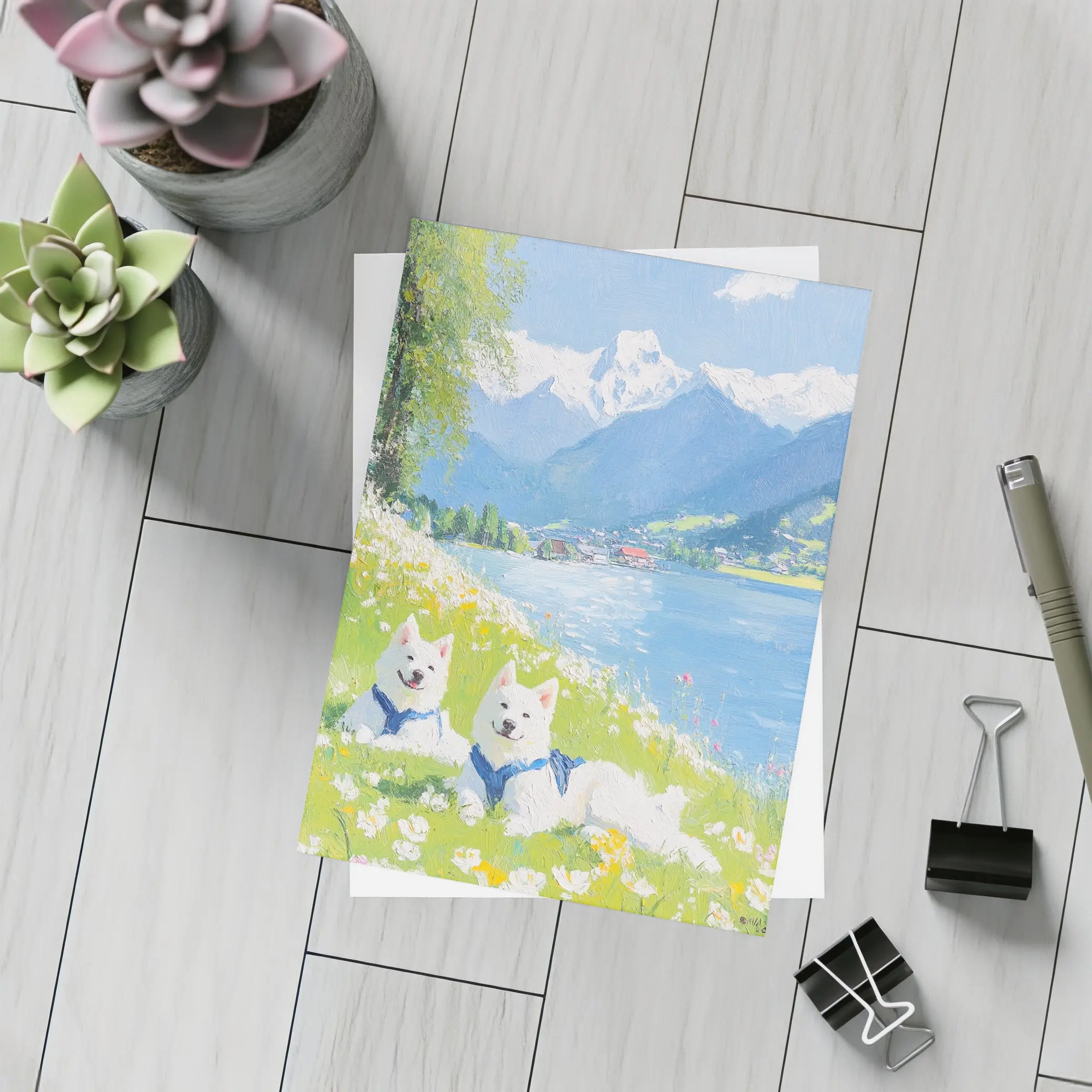 Two White Samoyed Dogs Alpine Lake Painting – Postcards