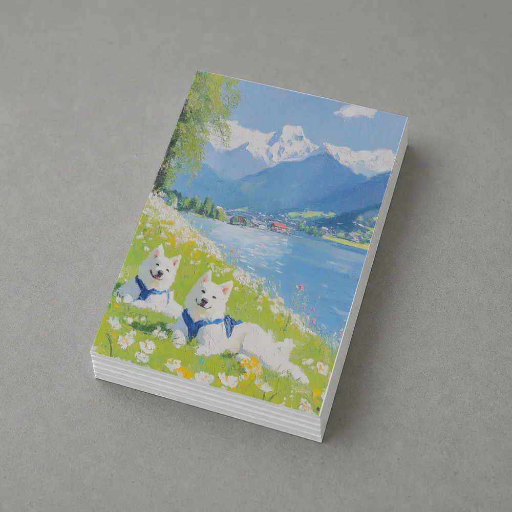 Two White Samoyed Dogs Alpine Lake Painting – Postcards