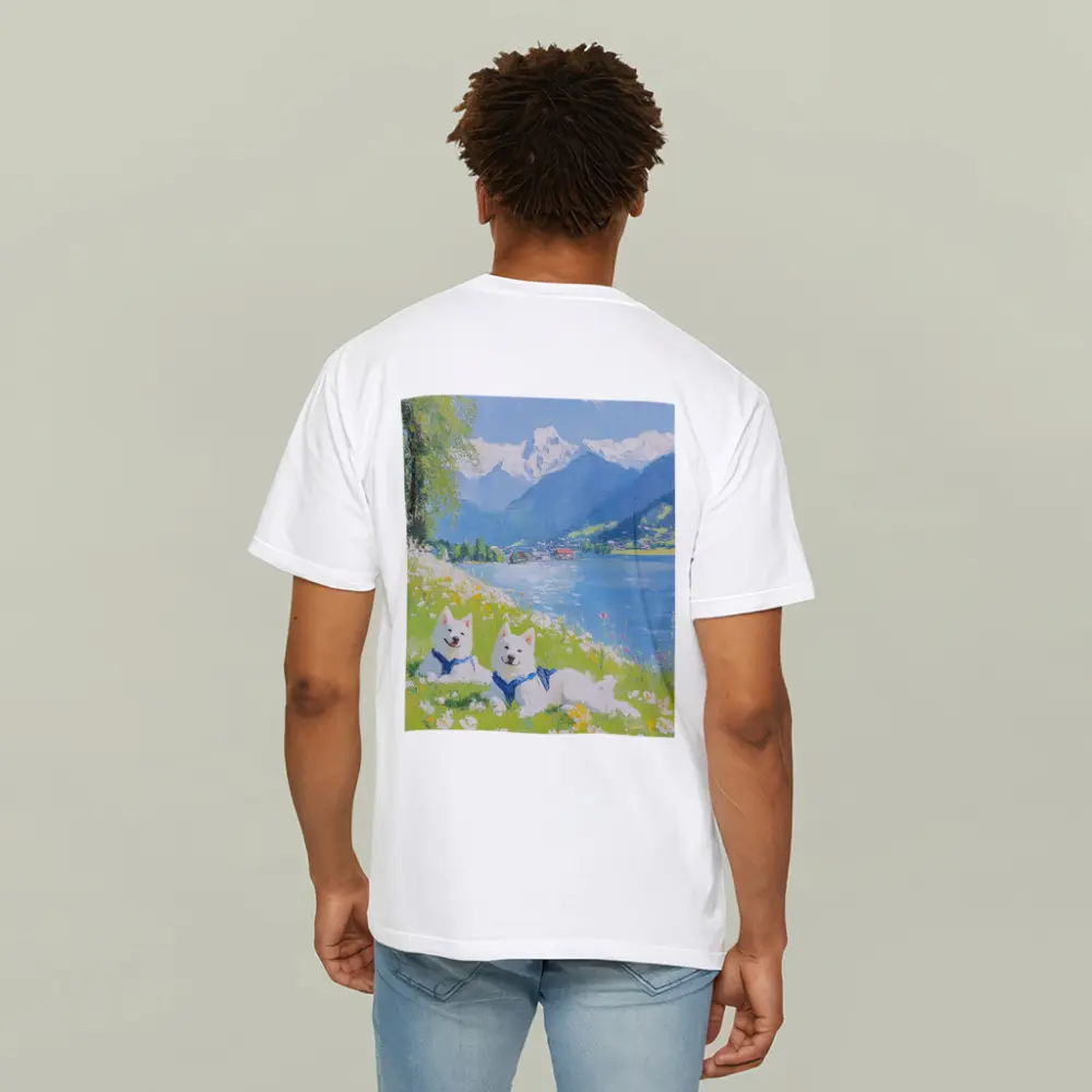 Two White Samoyed Dogs Alpine Lake Painting – T-Shirts