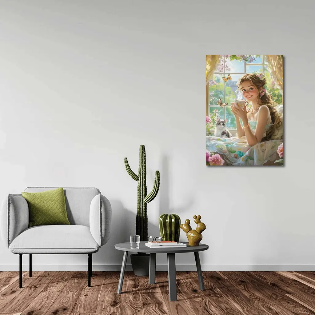 Girl With Tea Cup Cat Butterflies Fantasy – Wall Art