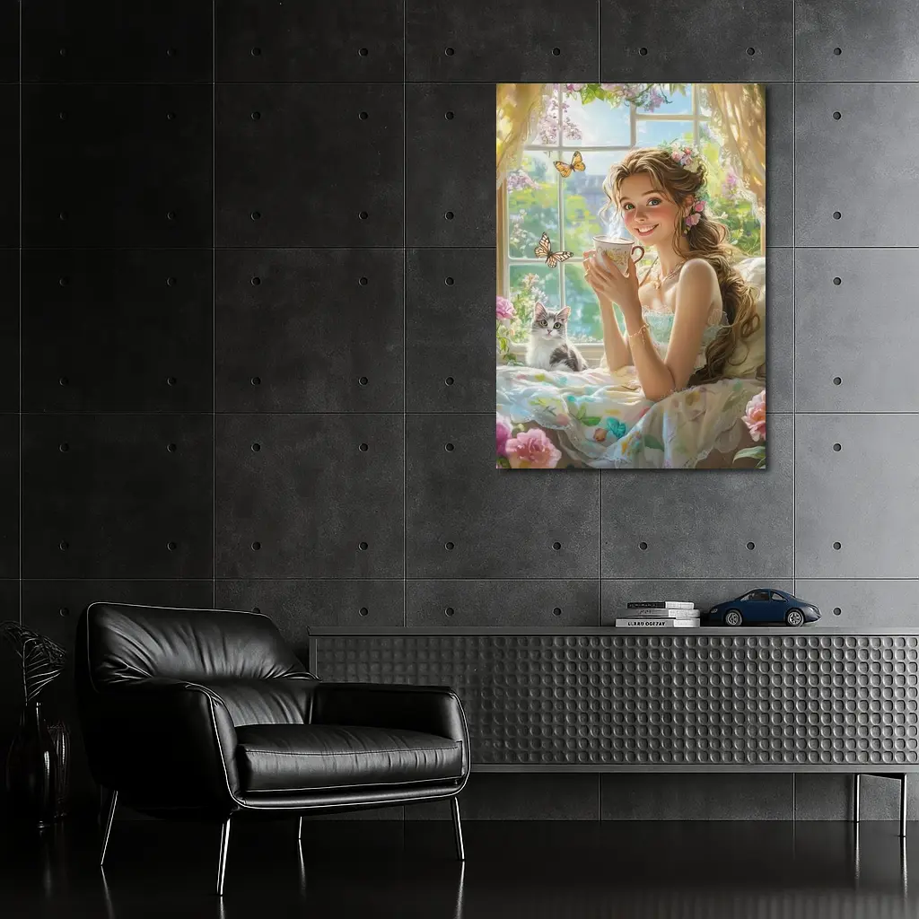 Girl With Tea Cup Cat Butterflies Fantasy – Wall Art