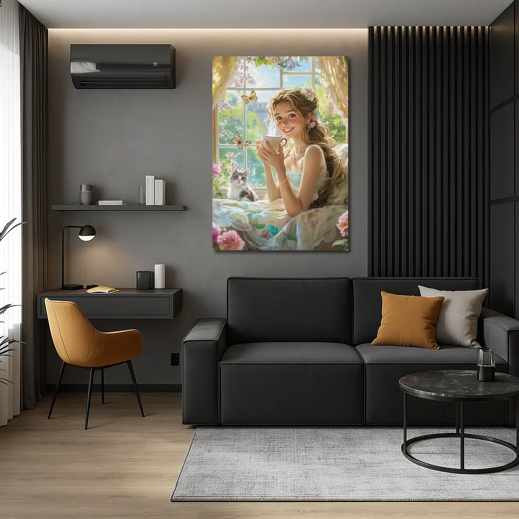 Girl With Tea Cup Cat Butterflies Fantasy – Wall Art