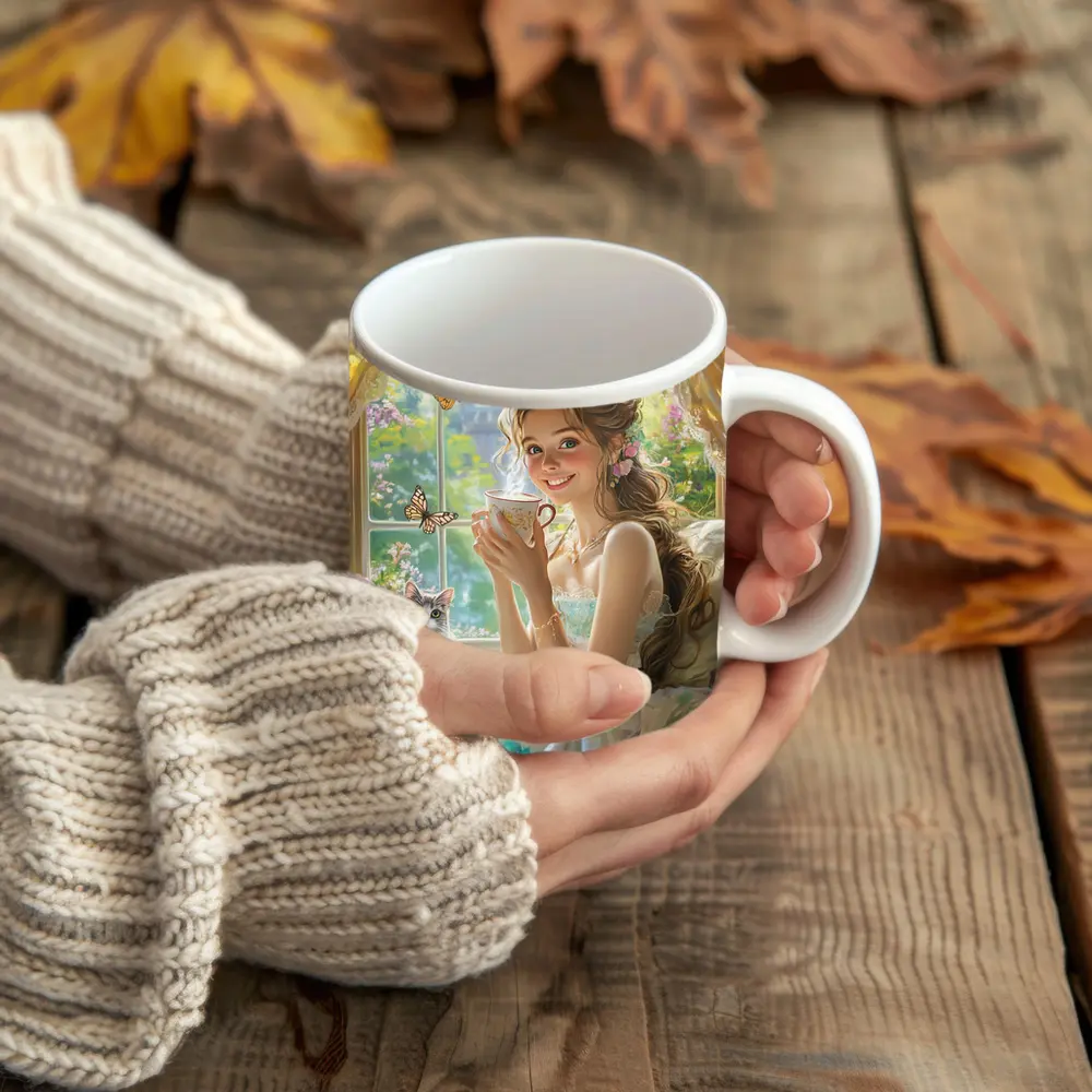 Girl With Tea Cup Cat Butterflies Fantasy – Mugs
