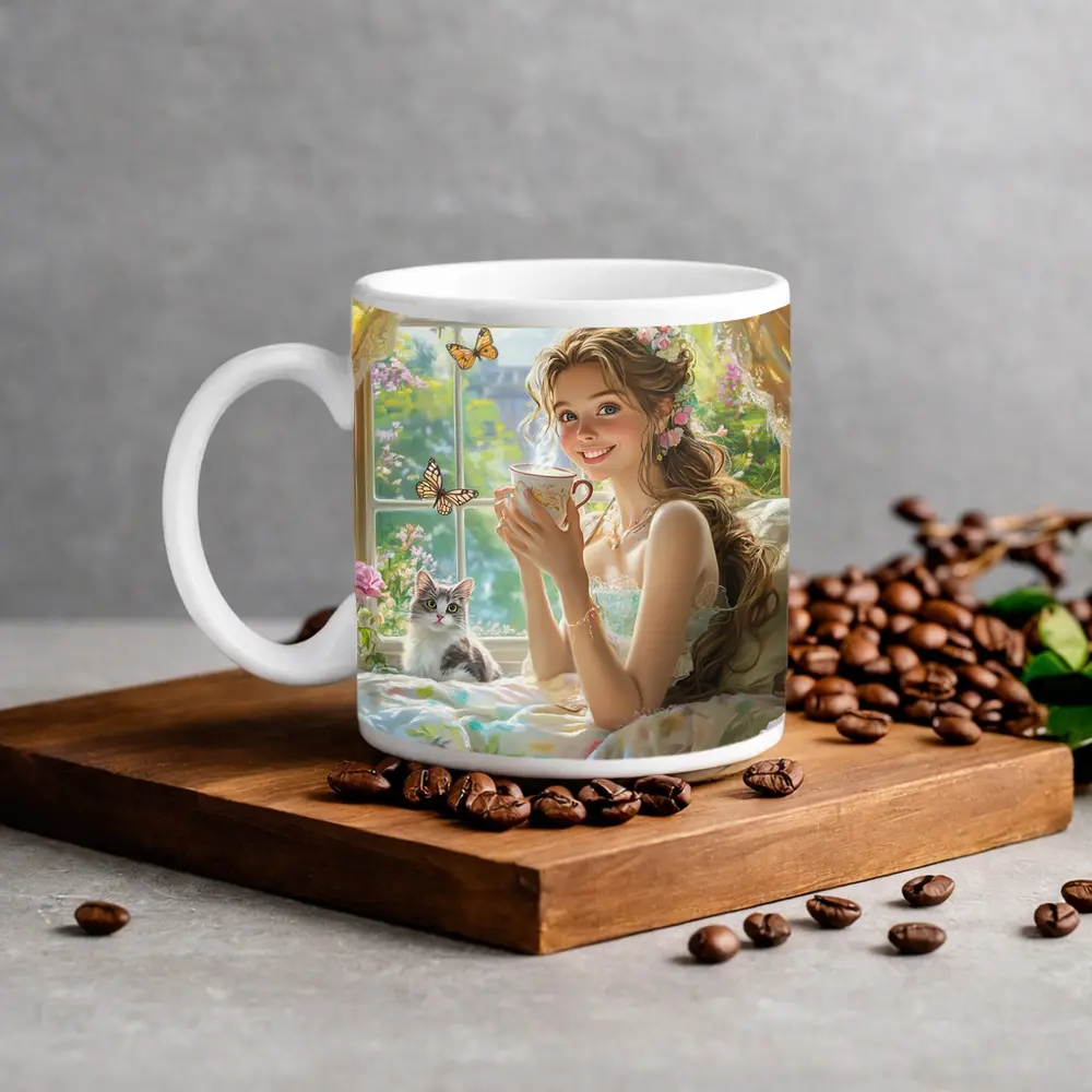 Girl With Tea Cup Cat Butterflies Fantasy – Mugs