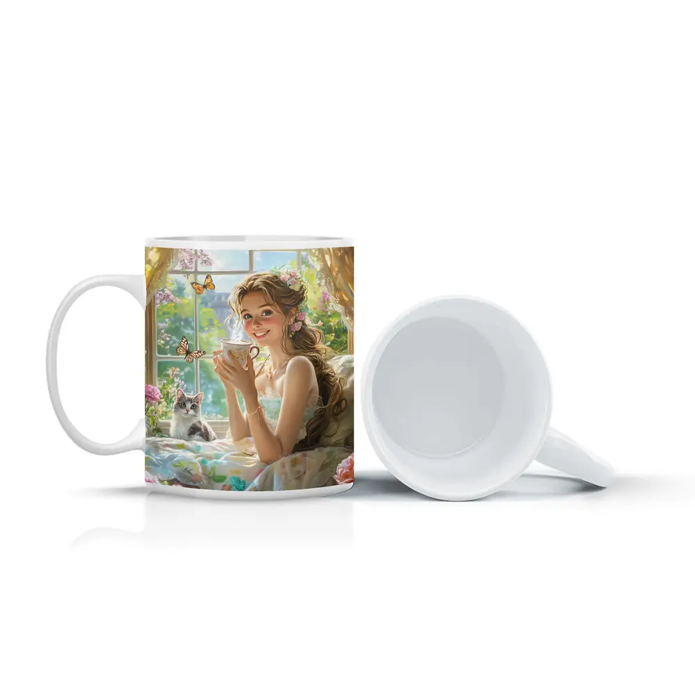 Girl With Tea Cup Cat Butterflies Fantasy – Mugs