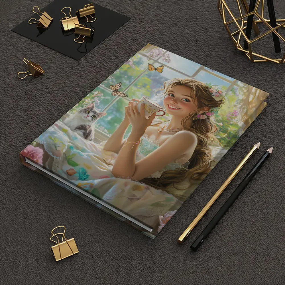 Girl With Tea Cup Cat Butterflies Fantasy – Notebooks