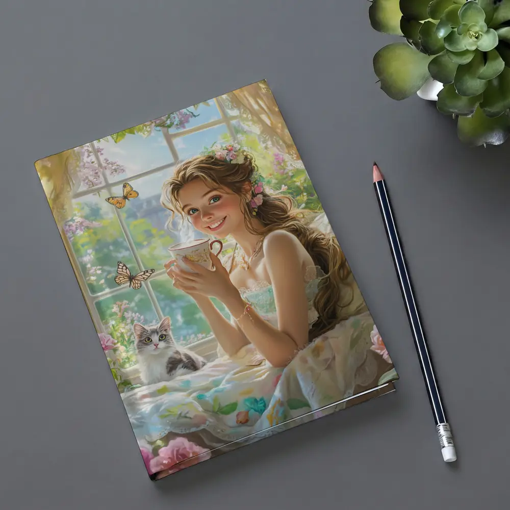 Girl With Tea Cup Cat Butterflies Fantasy – Notebooks