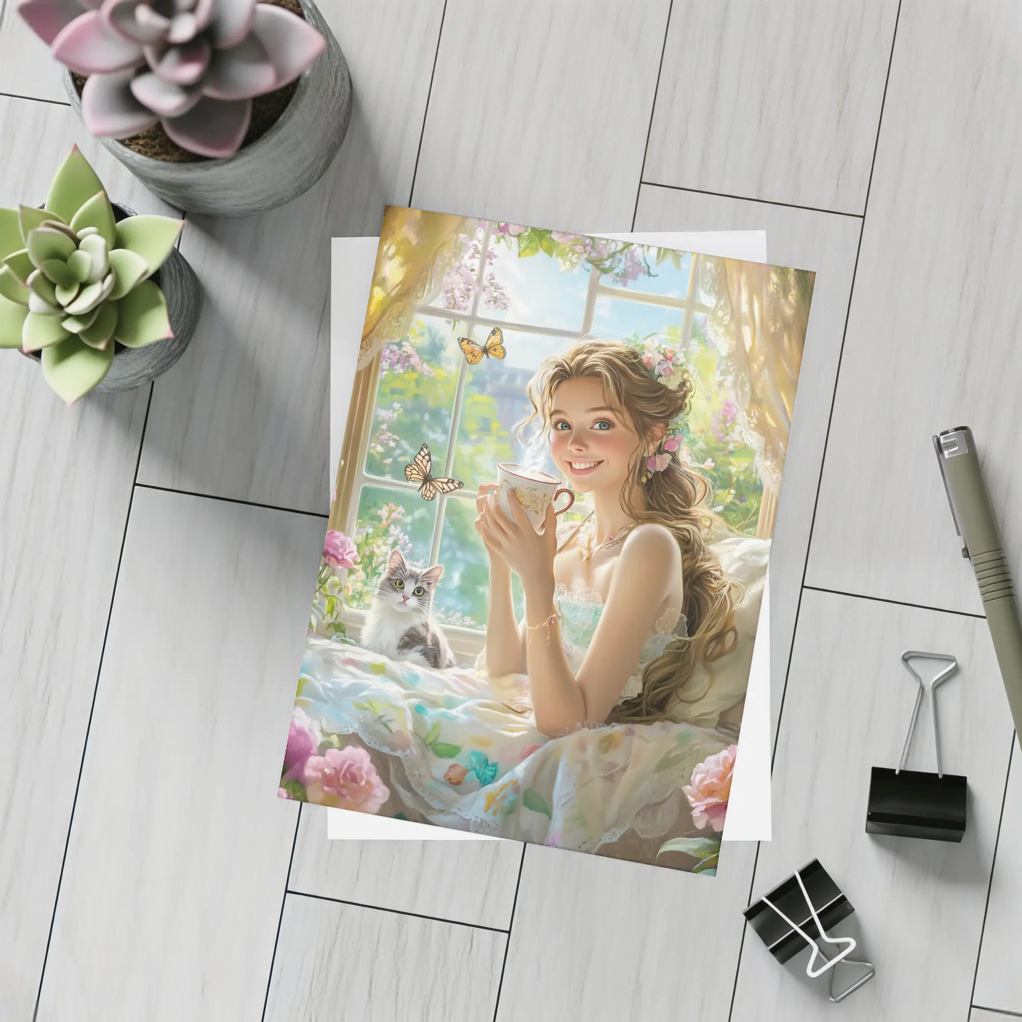 Girl With Tea Cup Cat Butterflies Fantasy – Postcards