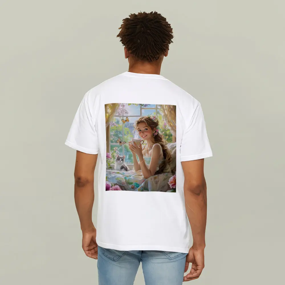 Girl With Tea Cup Cat Butterflies Fantasy – T-Shirts