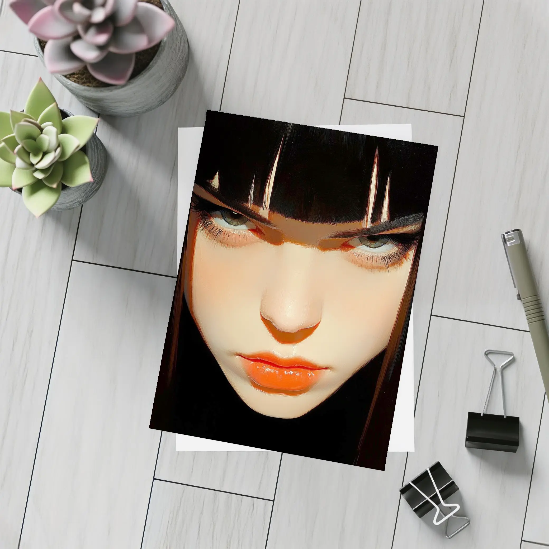 Dark Anime Girl Portrait Black Background – Postcards