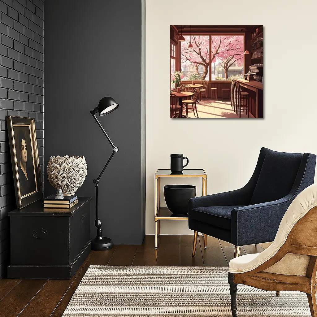 Anime Cafe Interior Cherry Blossoms Spring – Wall Art