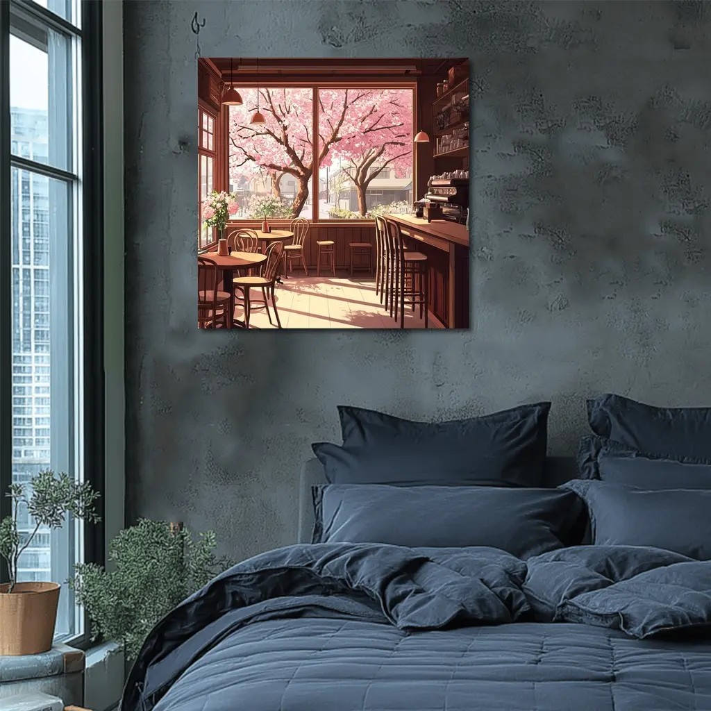 Anime Cafe Interior Cherry Blossoms Spring – Wall Art