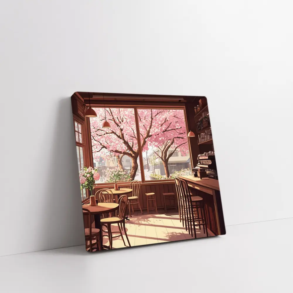 Anime Cafe Interior Cherry Blossoms Spring – Wall Art