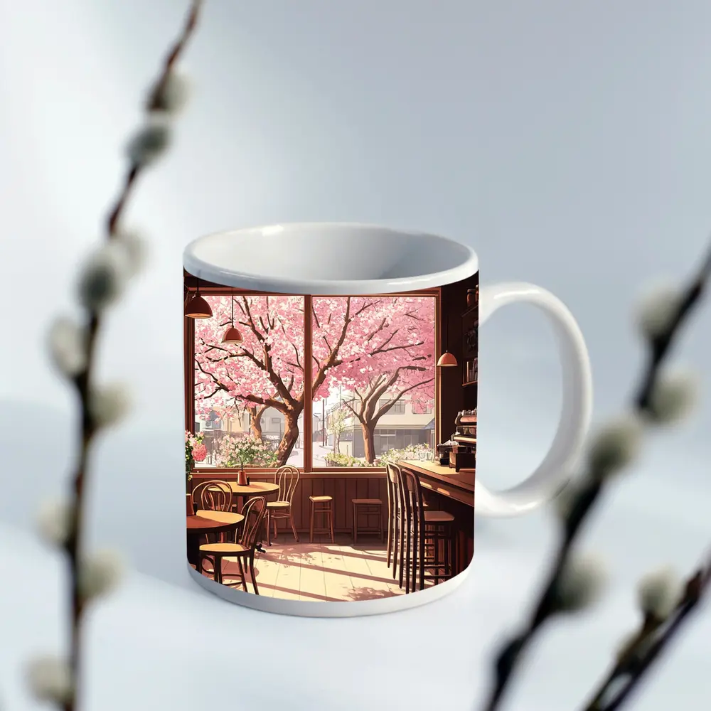 Anime Cafe Interior Cherry Blossoms Spring – Mugs
