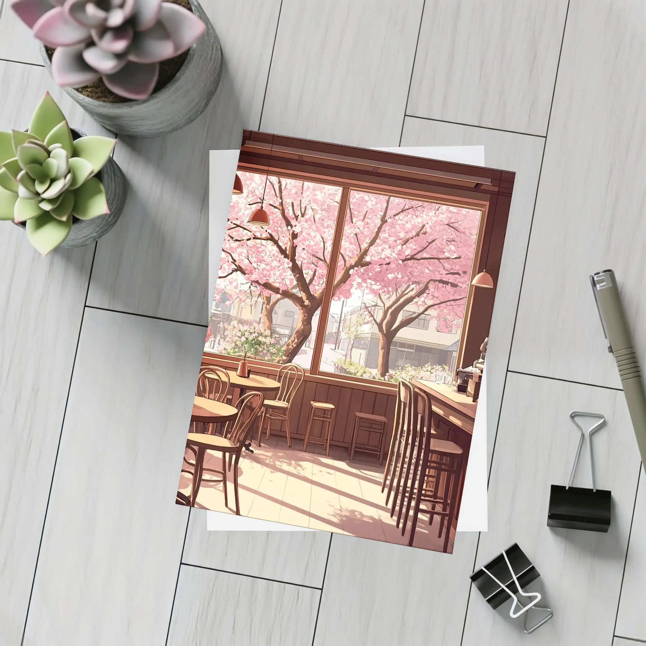 Anime Cafe Interior Cherry Blossoms Spring – Postcards