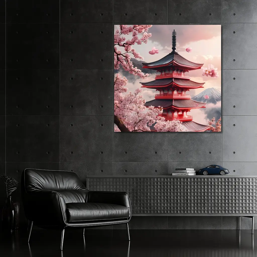 Red Japanese Pagoda Cherry Blossoms Mountain – Wall Art