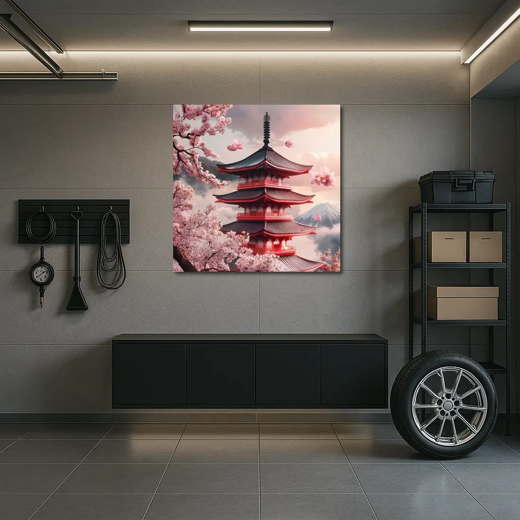 Red Japanese Pagoda Cherry Blossoms Mountain – Wall Art