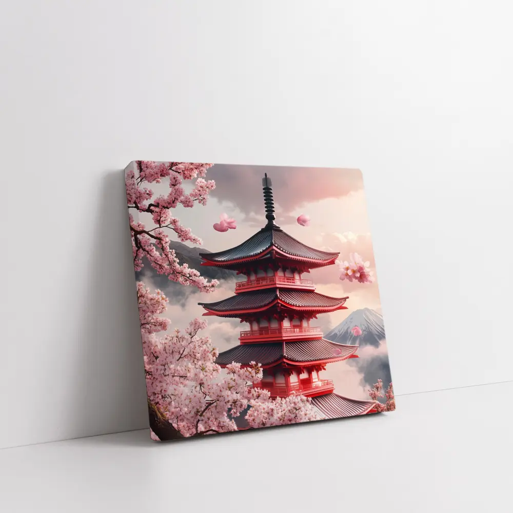Red Japanese Pagoda Cherry Blossoms Mountain – Wall Art