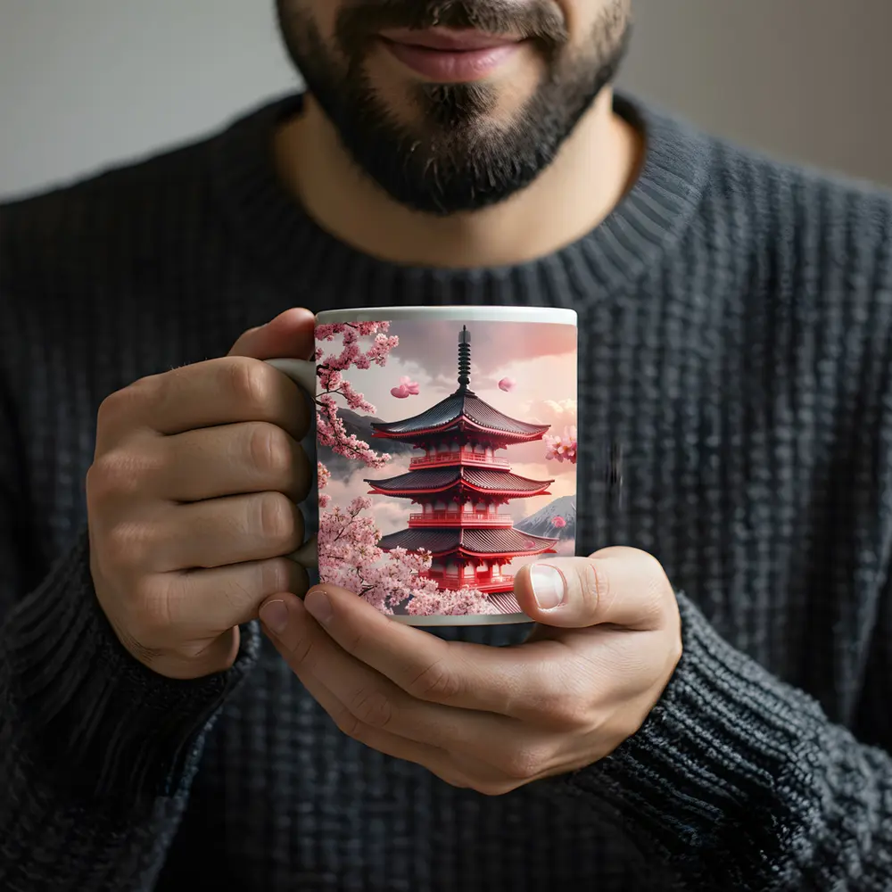 Red Japanese Pagoda Cherry Blossoms Mountain – Mugs
