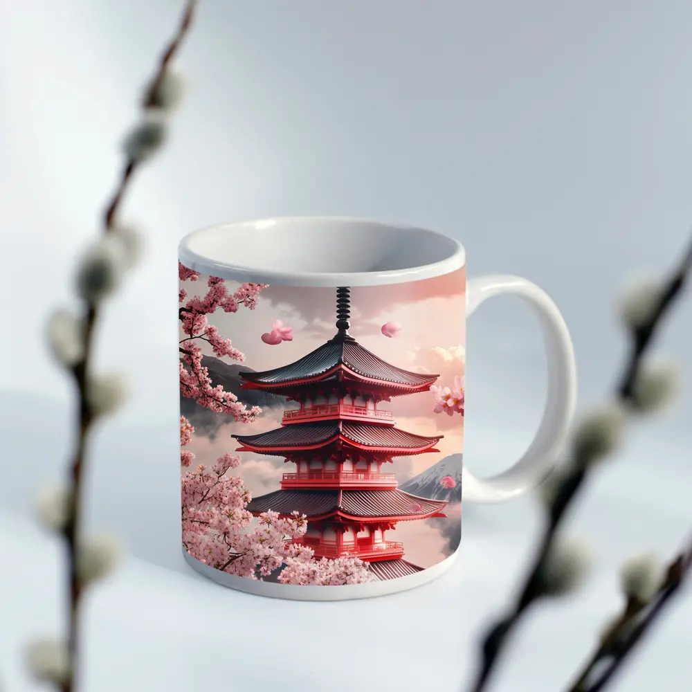 Red Japanese Pagoda Cherry Blossoms Mountain – Mugs