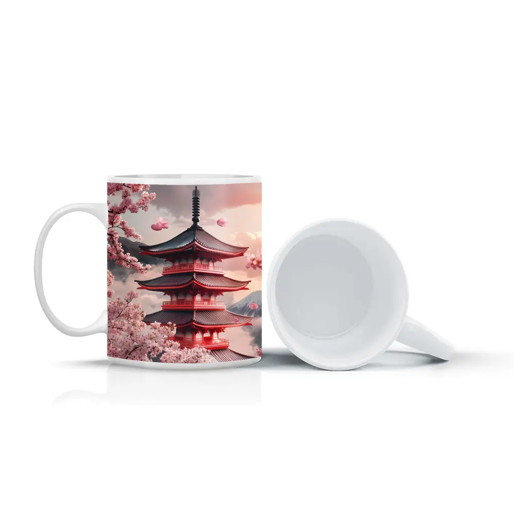 Red Japanese Pagoda Cherry Blossoms Mountain – Mugs