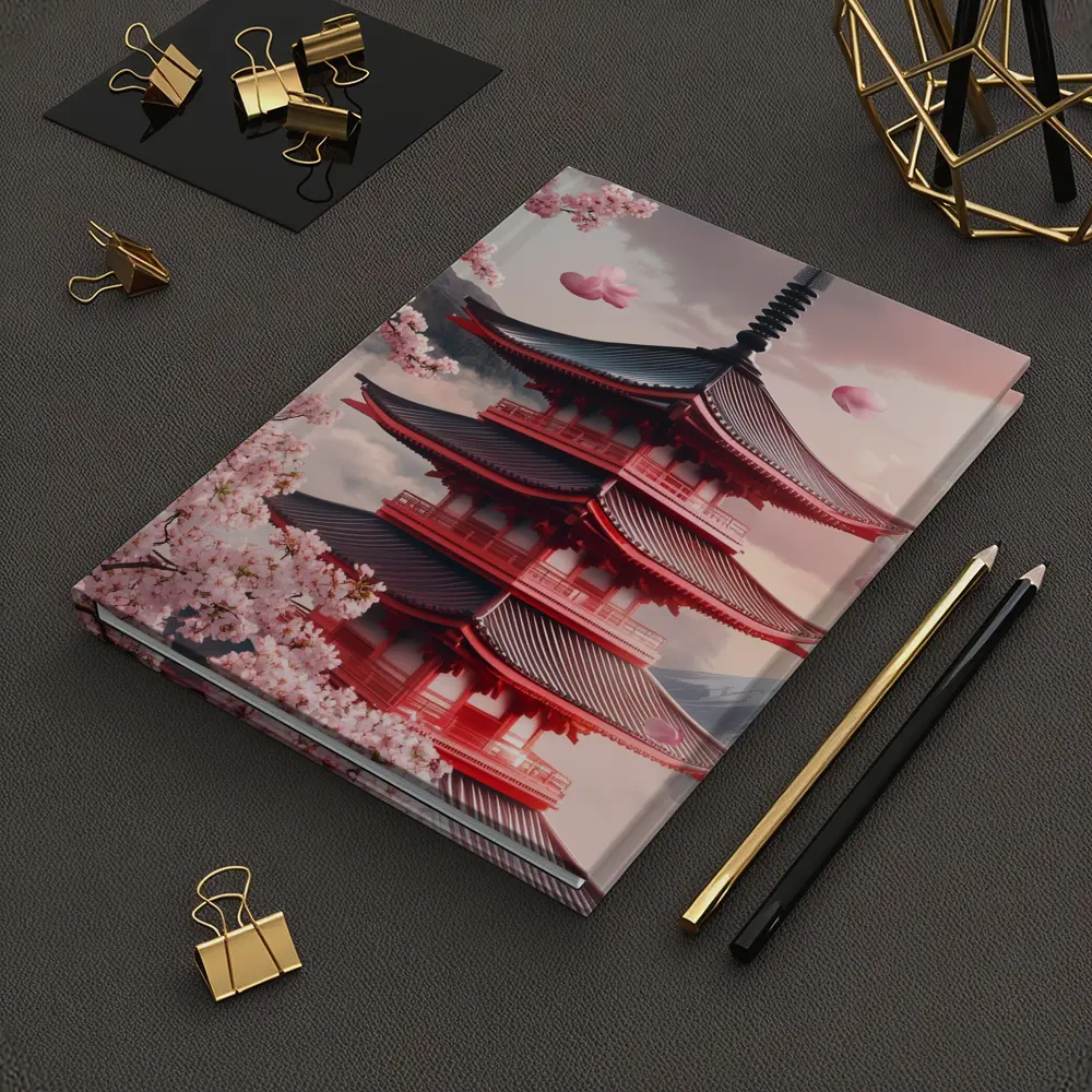 Red Japanese Pagoda Cherry Blossoms Mountain – Notebooks