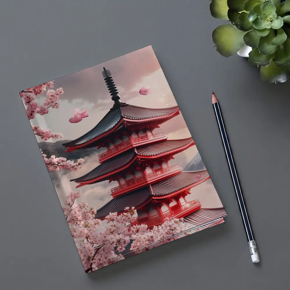 Red Japanese Pagoda Cherry Blossoms Mountain – Notebooks
