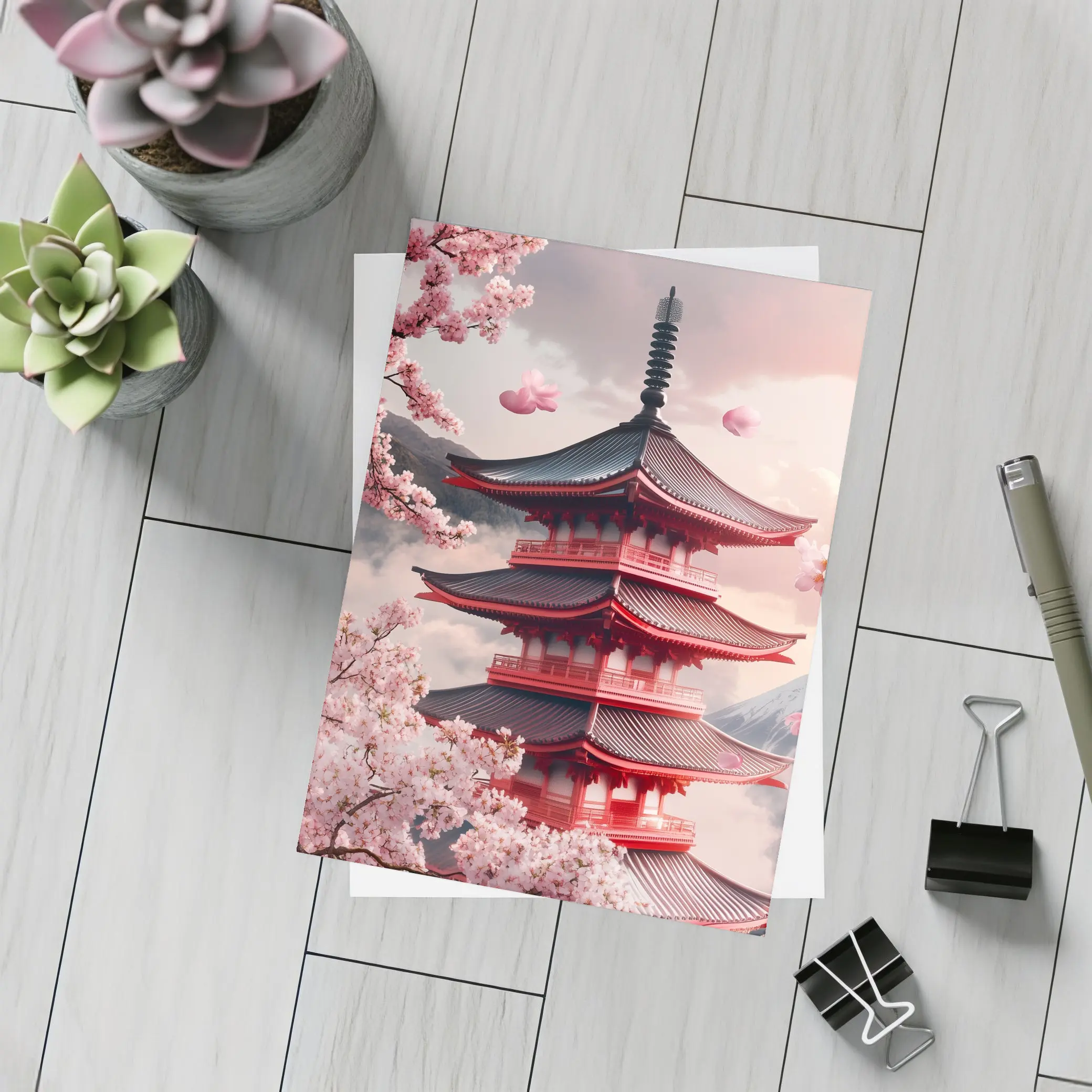 Red Japanese Pagoda Cherry Blossoms Mountain – Postcards
