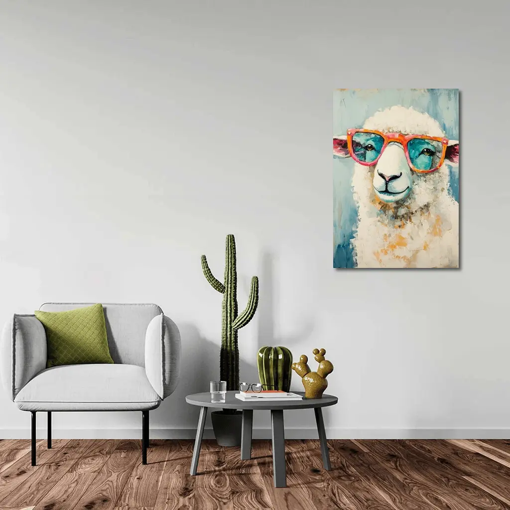 Funny Sheep Wearing Pink Sunglasses Blue Background – Wall Art