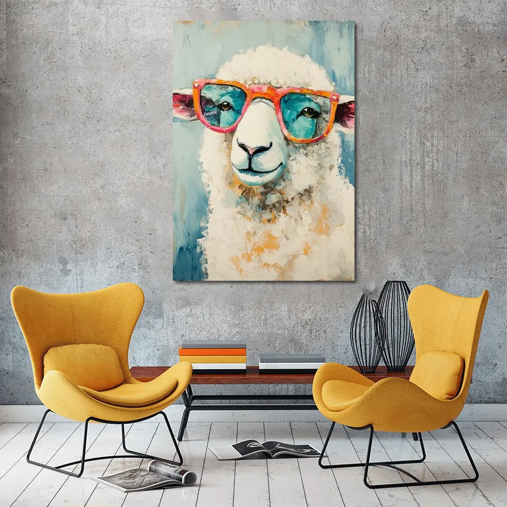 Funny Sheep Wearing Pink Sunglasses Blue Background – Wall Art