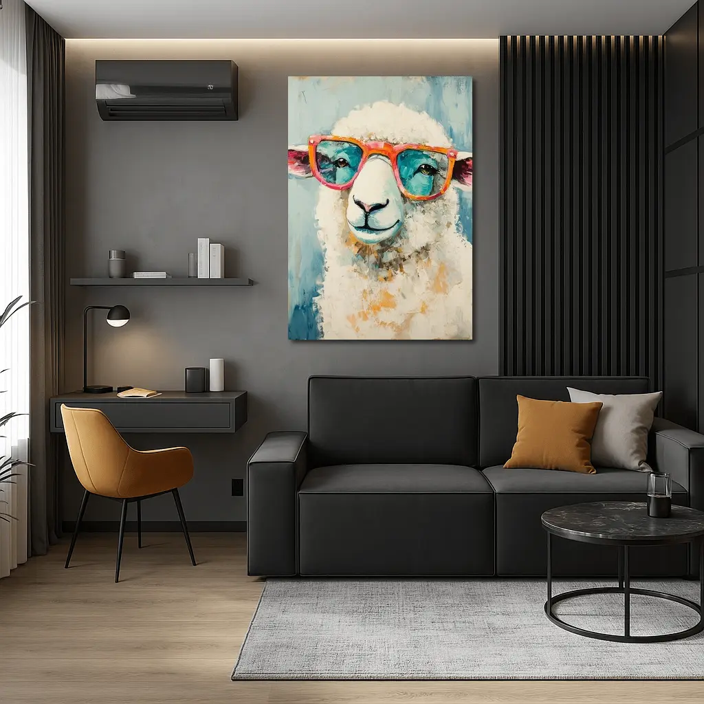 Funny Sheep Wearing Pink Sunglasses Blue Background – Wall Art