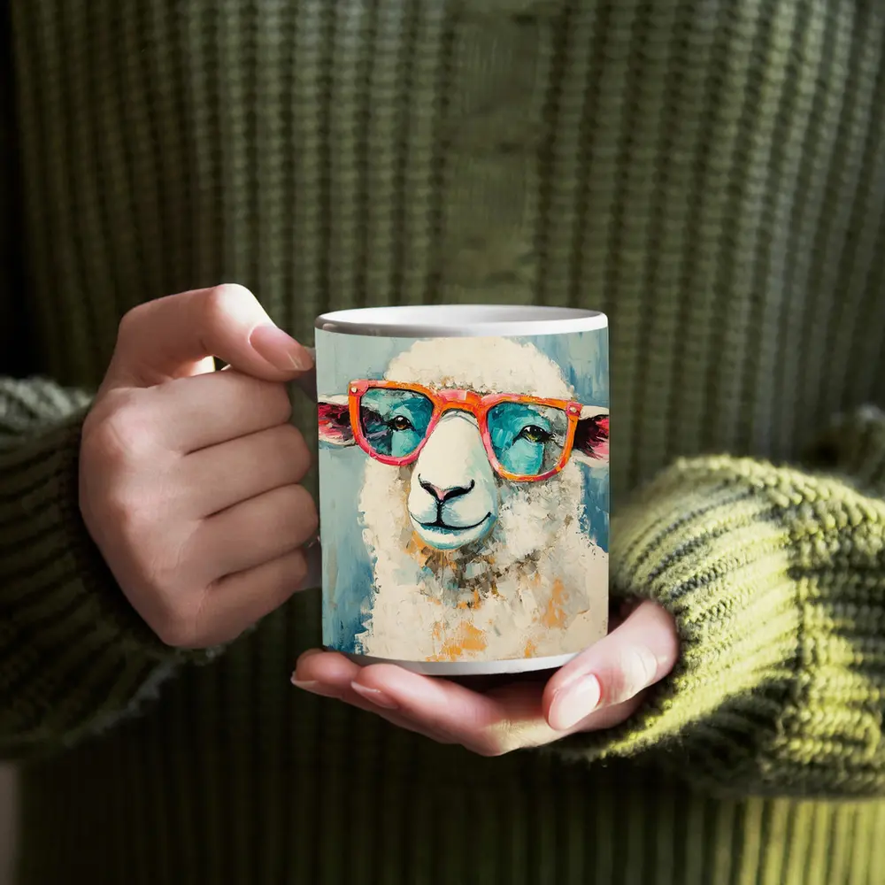 Funny Sheep Wearing Pink Sunglasses Blue Background – Mugs
