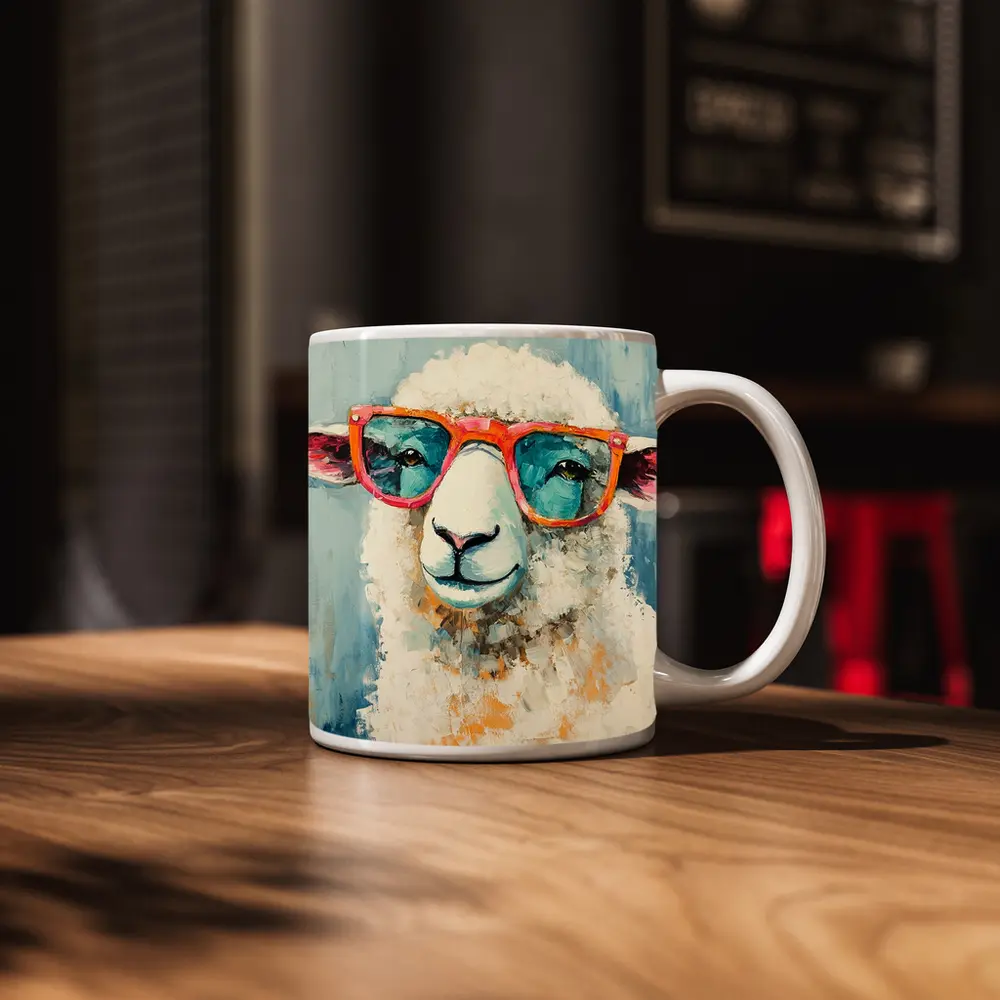 Funny Sheep Wearing Pink Sunglasses Blue Background – Mugs