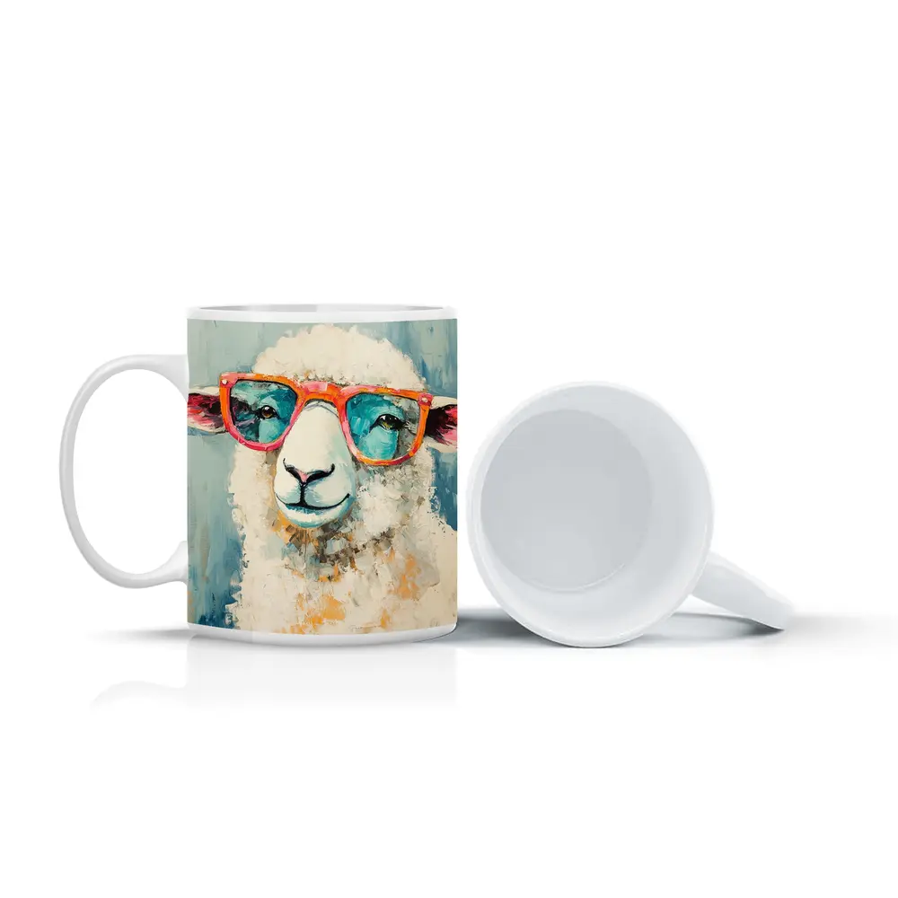 Funny Sheep Wearing Pink Sunglasses Blue Background – Mugs