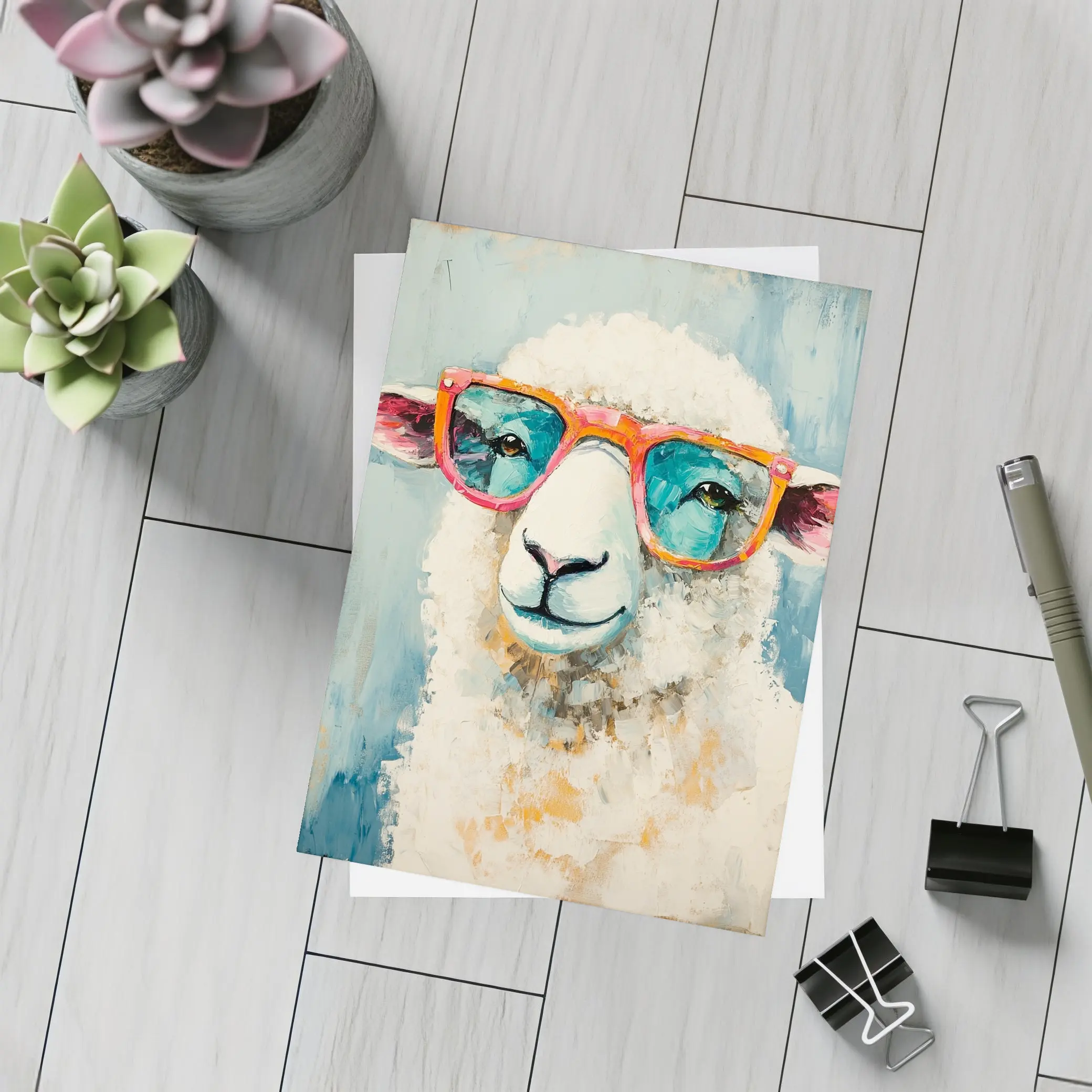 Funny Sheep Wearing Pink Sunglasses Blue Background – Postcards