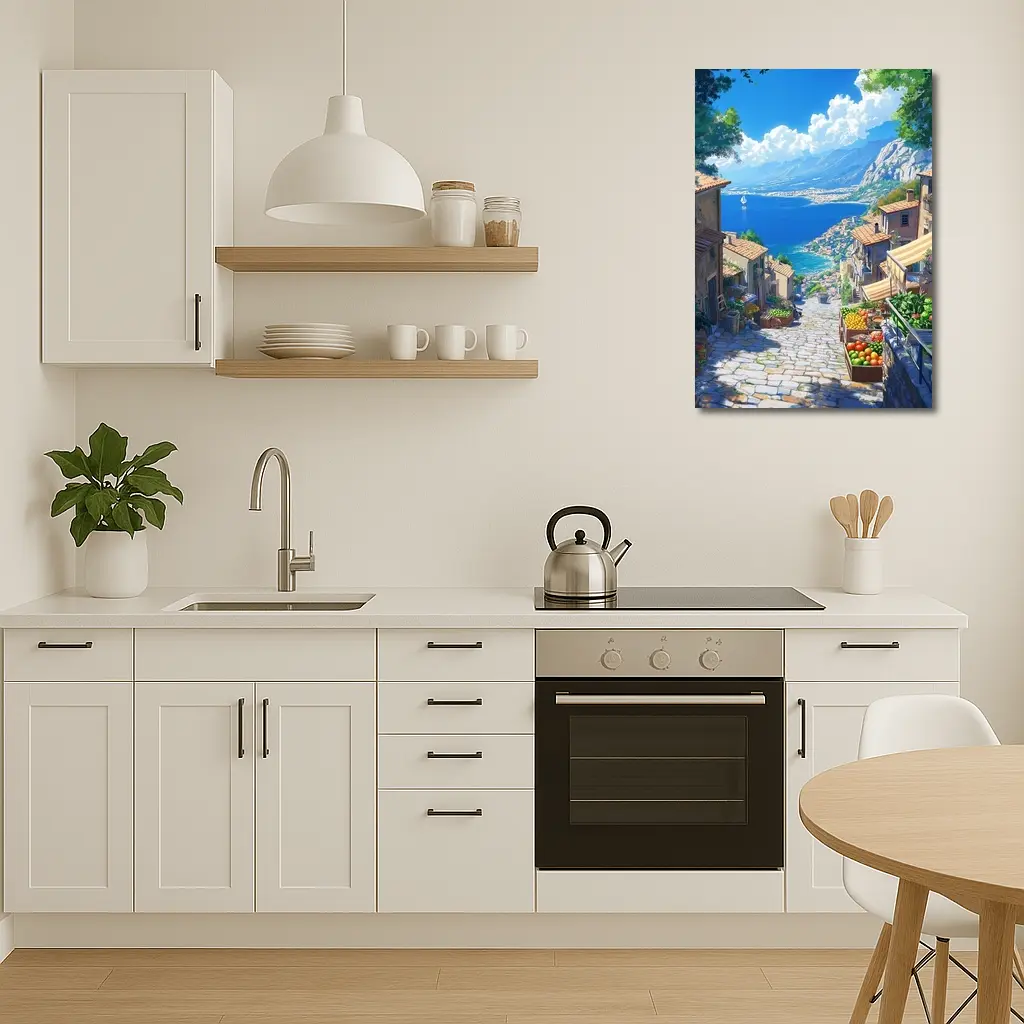 Mediterranean Coastal Village Street Anime Art – Wall Art