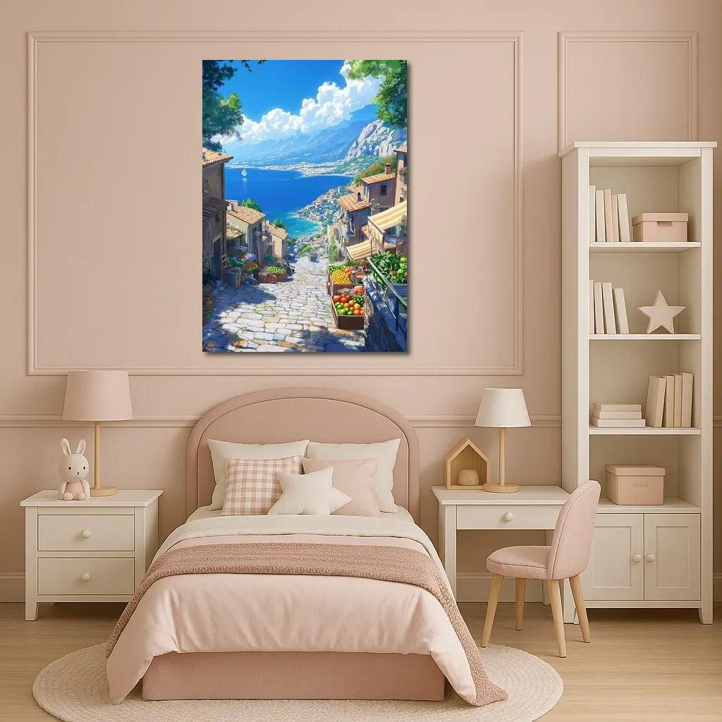 Mediterranean Coastal Village Street Anime Art – Wall Art