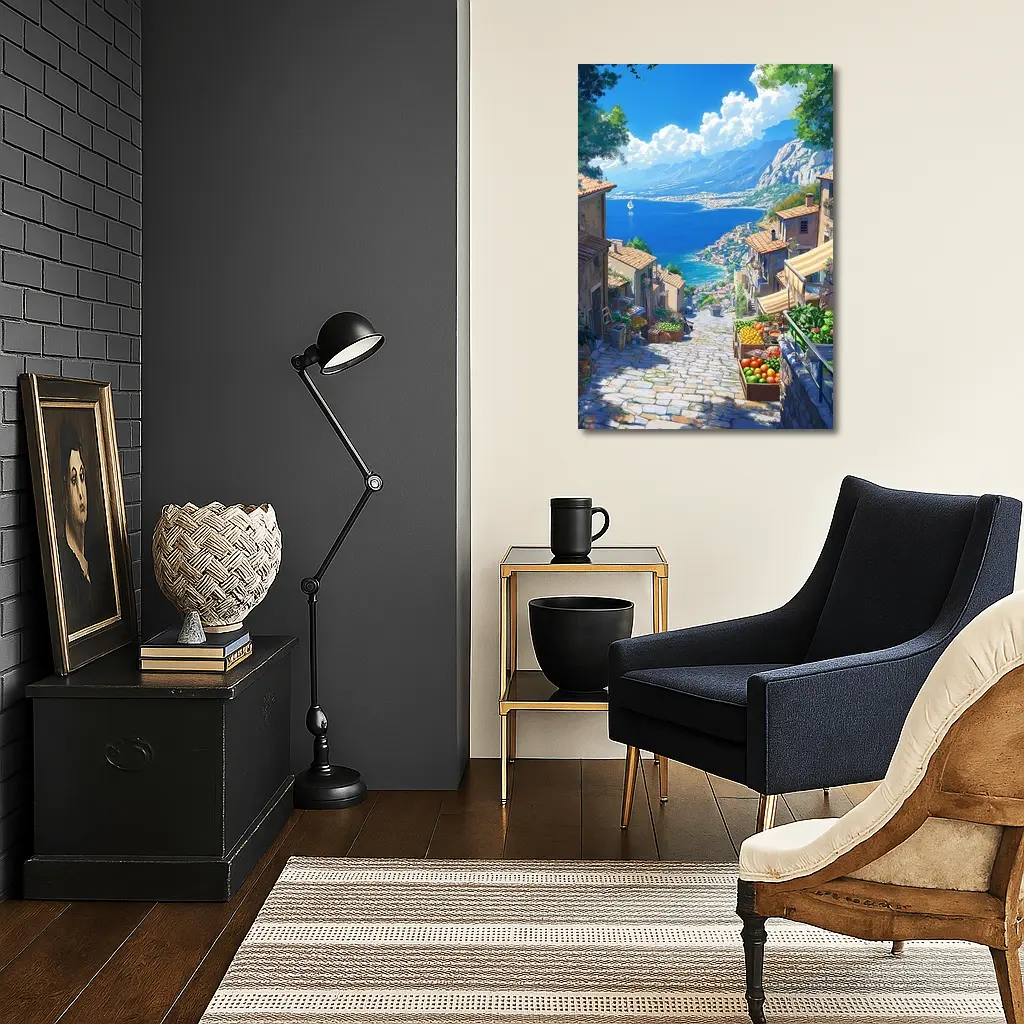 Mediterranean Coastal Village Street Anime Art – Wall Art