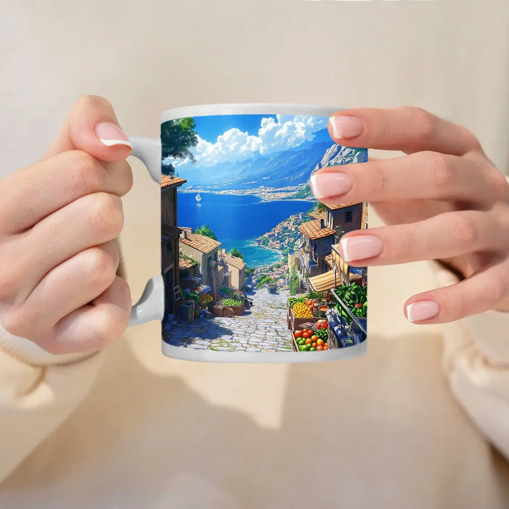 Mediterranean Coastal Village Street Anime Art – Mugs